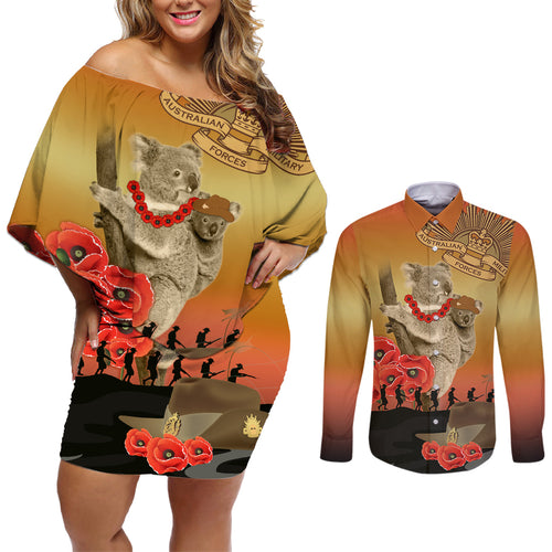 Australia Koala Soldier Style Couples Matching Off Shoulder Short Dress and Long Sleeve Button Shirt Last Post Lest We Forget