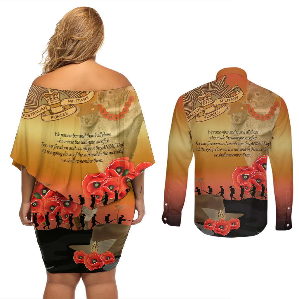 Australia Koala Soldier Style Couples Matching Off Shoulder Short Dress and Long Sleeve Button Shirt Last Post Lest We Forget