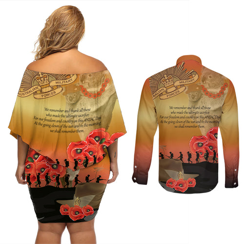 Australia Koala Soldier Style Couples Matching Off Shoulder Short Dress and Long Sleeve Button Shirt Last Post Lest We Forget
