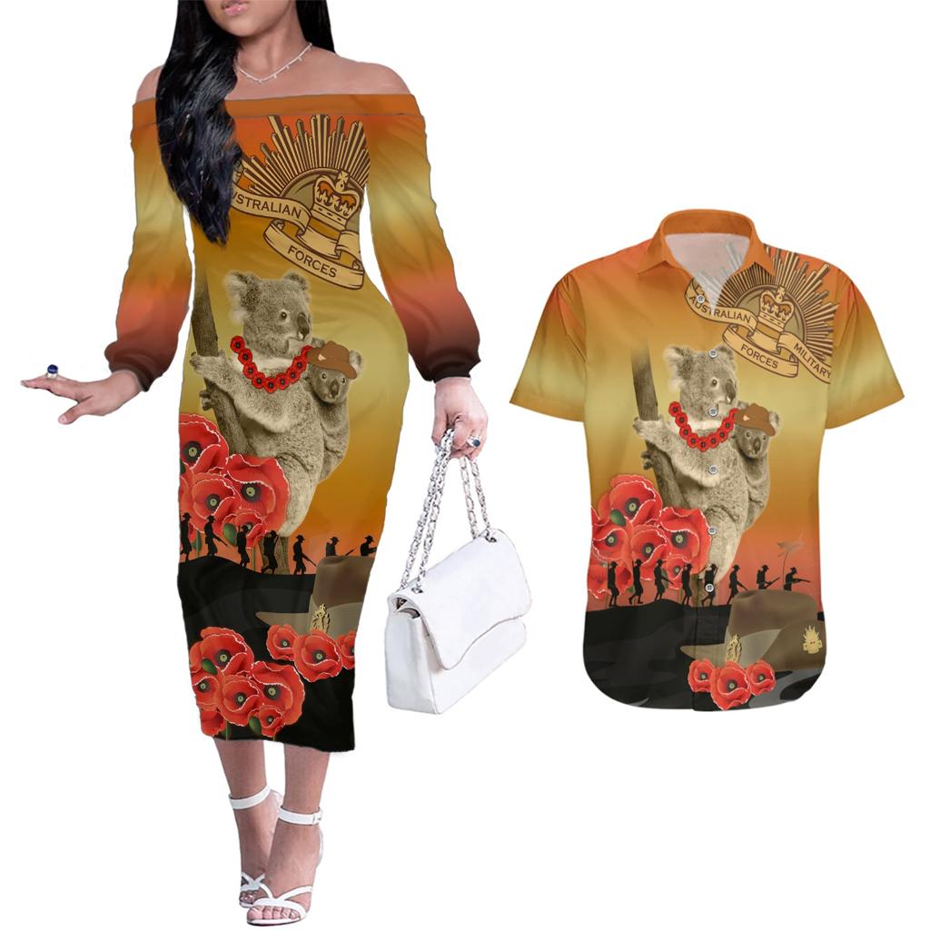 Australia Koala Soldier Style Couples Matching Off The Shoulder Long Sleeve Dress and Hawaiian Shirt Last Post Lest We Forget