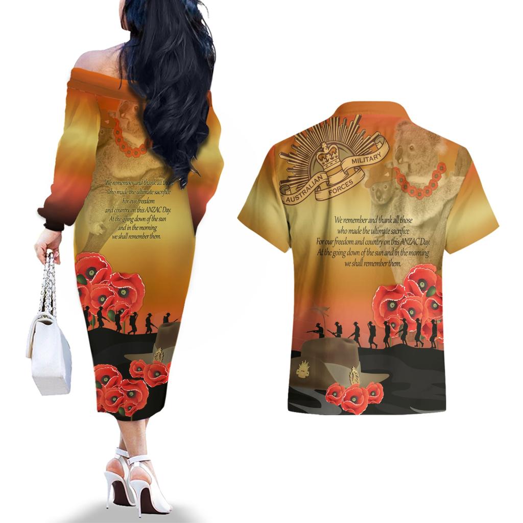 Australia Koala Soldier Style Couples Matching Off The Shoulder Long Sleeve Dress and Hawaiian Shirt Last Post Lest We Forget