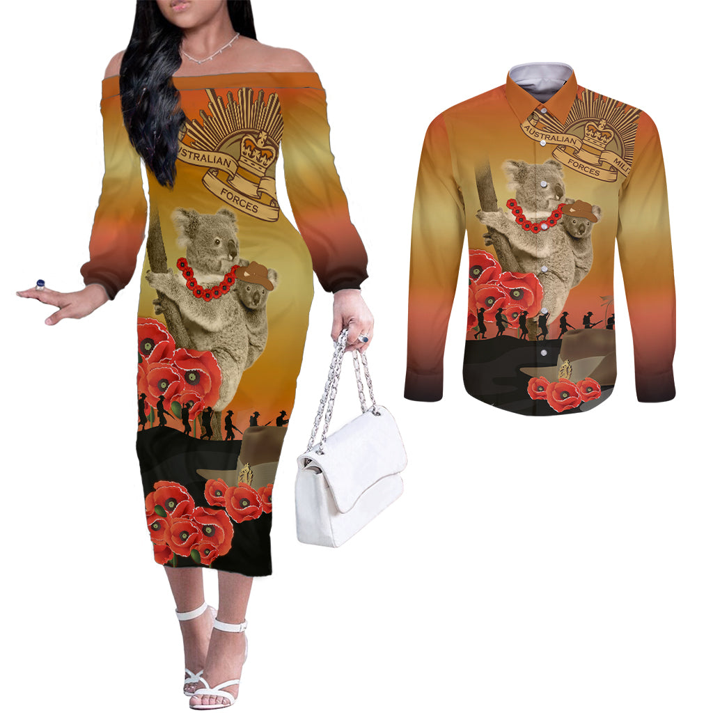 Australia Koala Soldier Style Couples Matching Off The Shoulder Long Sleeve Dress and Long Sleeve Button Shirt Last Post Lest We Forget