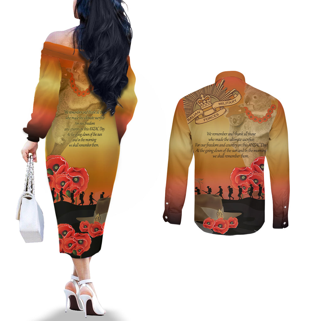 Australia Koala Soldier Style Couples Matching Off The Shoulder Long Sleeve Dress and Long Sleeve Button Shirt Last Post Lest We Forget