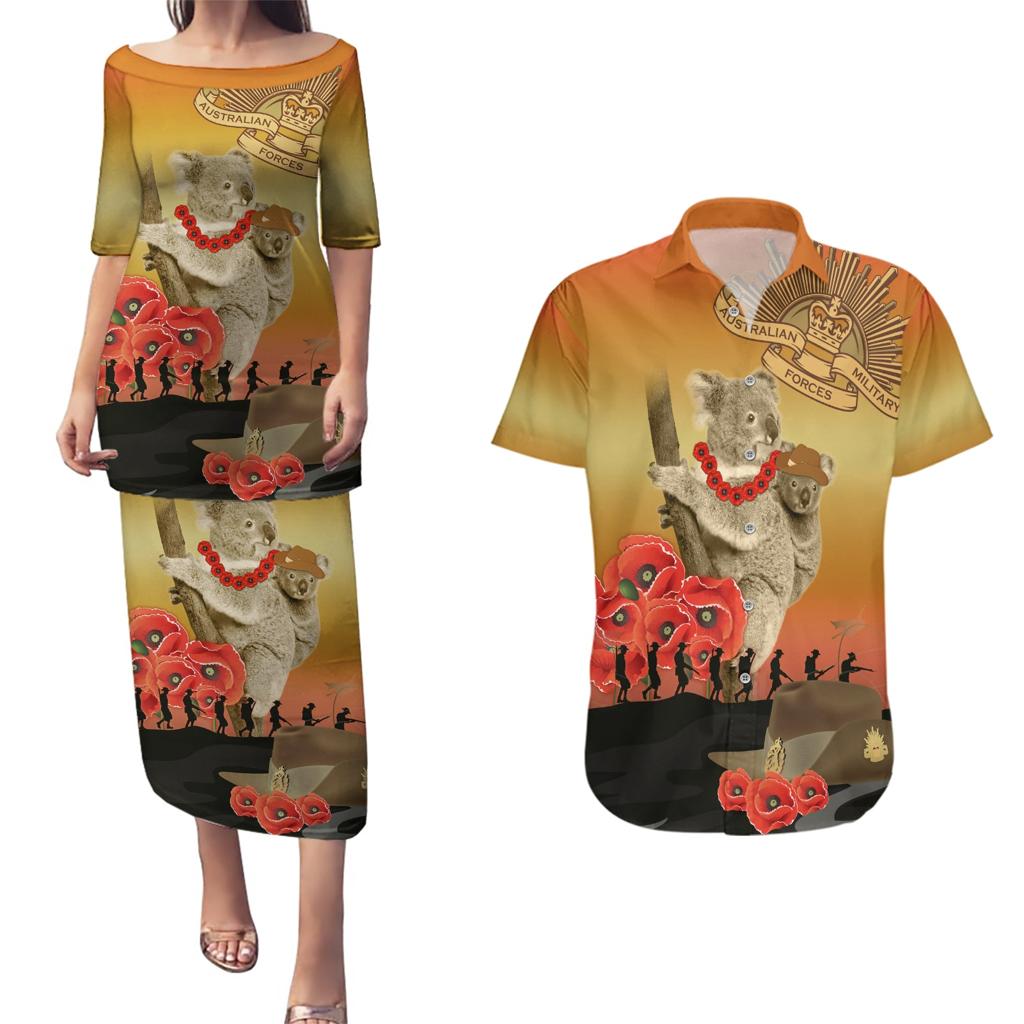 Australia Koala Soldier Style Couples Matching Puletasi and Hawaiian Shirt Last Post Lest We Forget