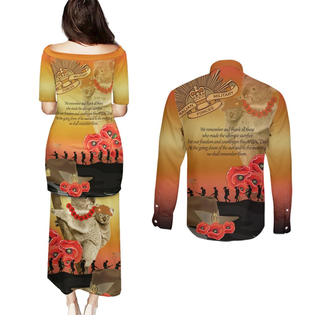 Australia Koala Soldier Style Couples Matching Puletasi and Long Sleeve Button Shirt Last Post Lest We Forget