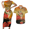 Australia Koala Soldier Style Couples Matching Short Sleeve Bodycon Dress and Hawaiian Shirt Last Post Lest We Forget