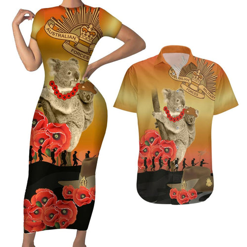 Australia Koala Soldier Style Couples Matching Short Sleeve Bodycon Dress and Hawaiian Shirt Last Post Lest We Forget