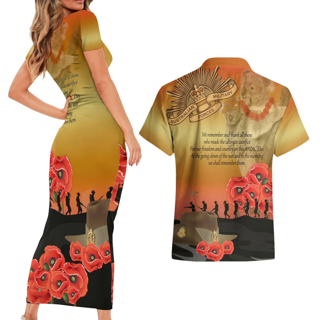 Australia Koala Soldier Style Couples Matching Short Sleeve Bodycon Dress and Hawaiian Shirt Last Post Lest We Forget