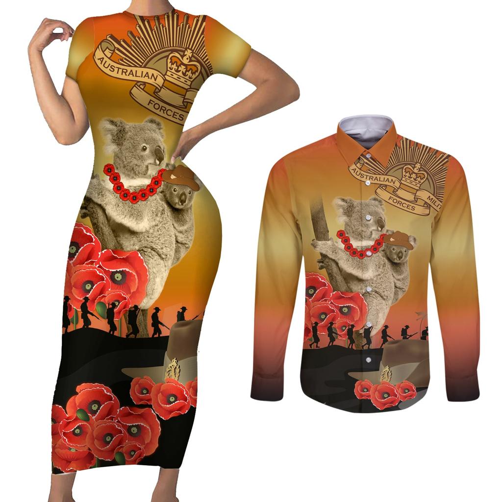 Australia Koala Soldier Style Couples Matching Short Sleeve Bodycon Dress and Long Sleeve Button Shirt Last Post Lest We Forget