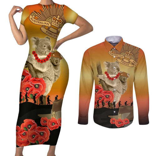 Australia Koala Soldier Style Couples Matching Short Sleeve Bodycon Dress and Long Sleeve Button Shirt Last Post Lest We Forget