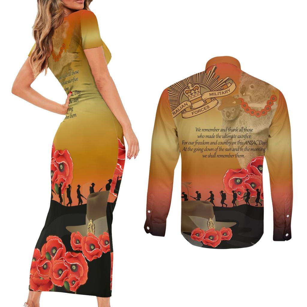 Australia Koala Soldier Style Couples Matching Short Sleeve Bodycon Dress and Long Sleeve Button Shirt Last Post Lest We Forget