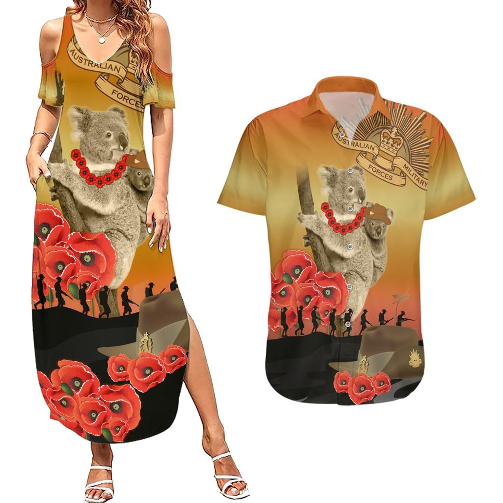 Australia Koala Soldier Style Couples Matching Summer Maxi Dress and Hawaiian Shirt Last Post Lest We Forget