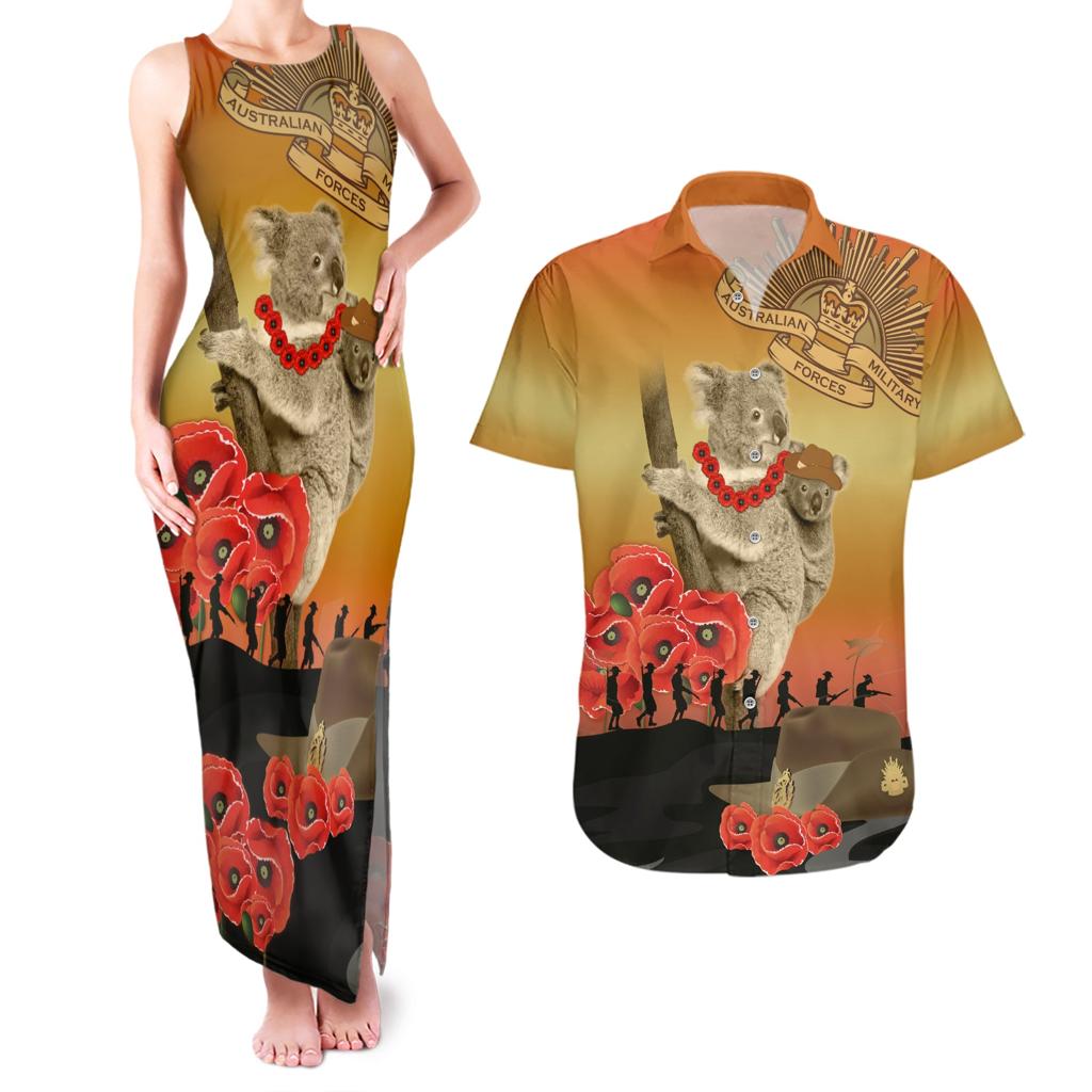 Australia Koala Soldier Style Couples Matching Tank Maxi Dress and Hawaiian Shirt Last Post Lest We Forget