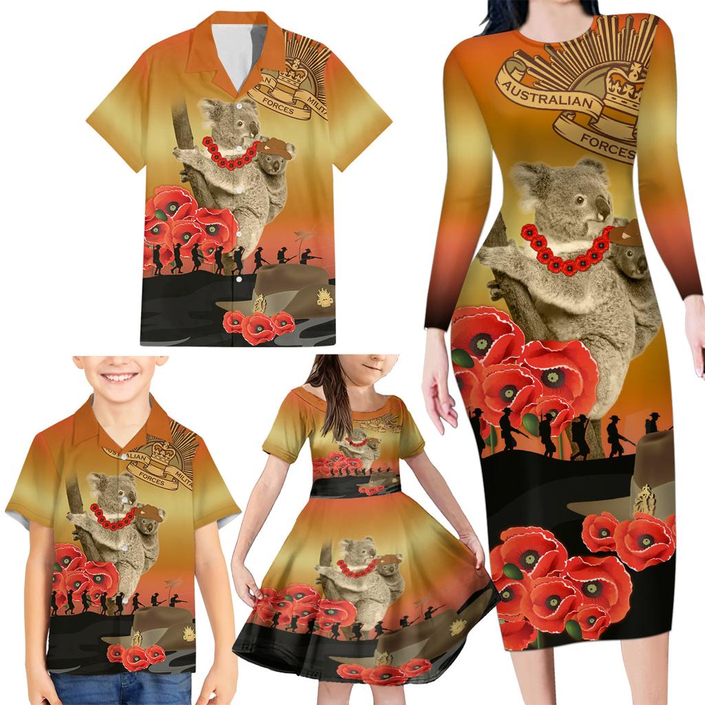 Australia Koala Soldier Style Family Matching Long Sleeve Bodycon Dress and Hawaiian Shirt Last Post Lest We Forget