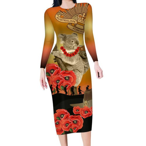 Australia Koala Soldier Style Family Matching Long Sleeve Bodycon Dress and Hawaiian Shirt Last Post Lest We Forget