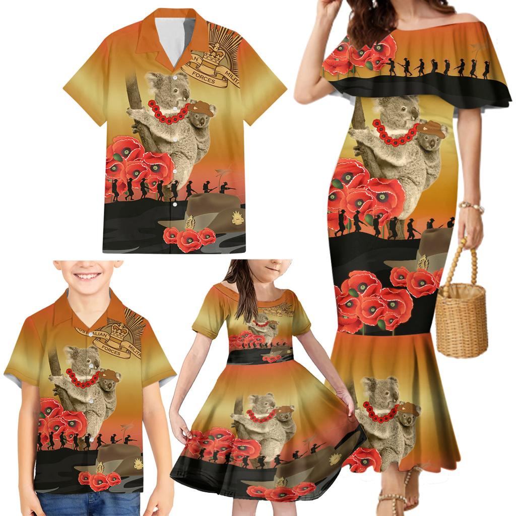 Australia Koala Soldier Style Family Matching Mermaid Dress and Hawaiian Shirt Last Post Lest We Forget