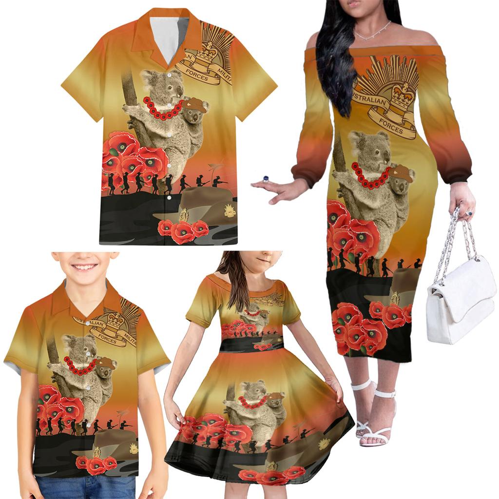 Australia Koala Soldier Style Family Matching Off Shoulder Long Sleeve Dress and Hawaiian Shirt Last Post Lest We Forget