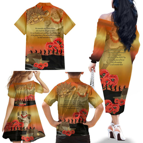 Australia Koala Soldier Style Family Matching Off Shoulder Long Sleeve Dress and Hawaiian Shirt Last Post Lest We Forget