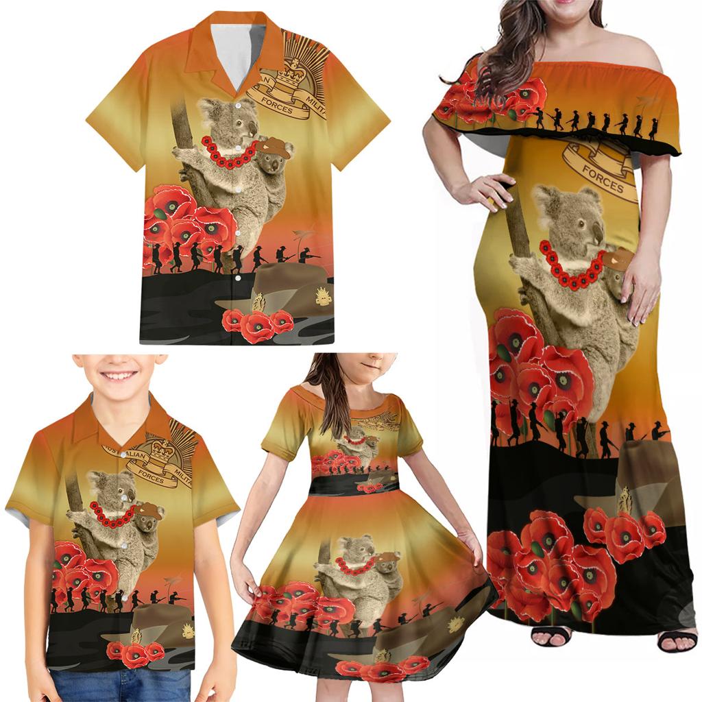 Australia Koala Soldier Style Family Matching Off Shoulder Maxi Dress and Hawaiian Shirt Last Post Lest We Forget