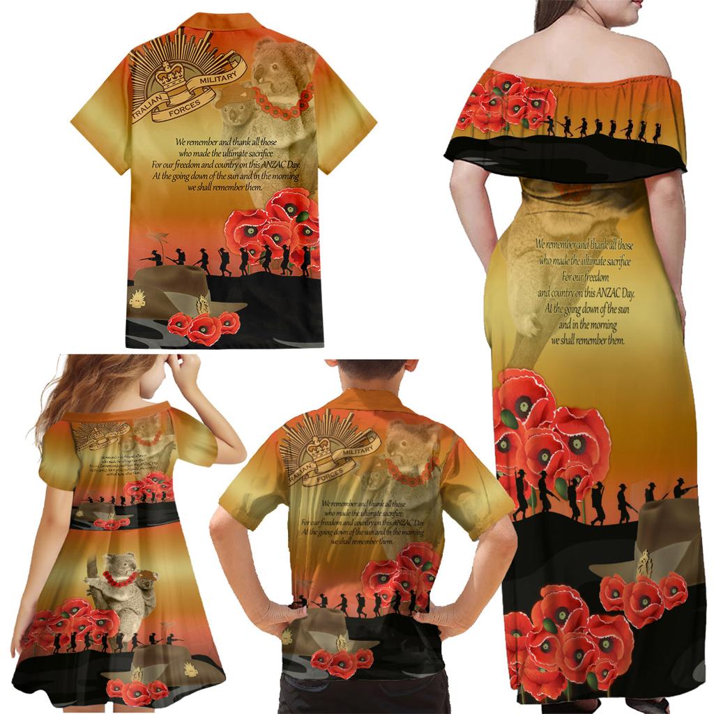 Australia Koala Soldier Style Family Matching Off Shoulder Maxi Dress and Hawaiian Shirt Last Post Lest We Forget