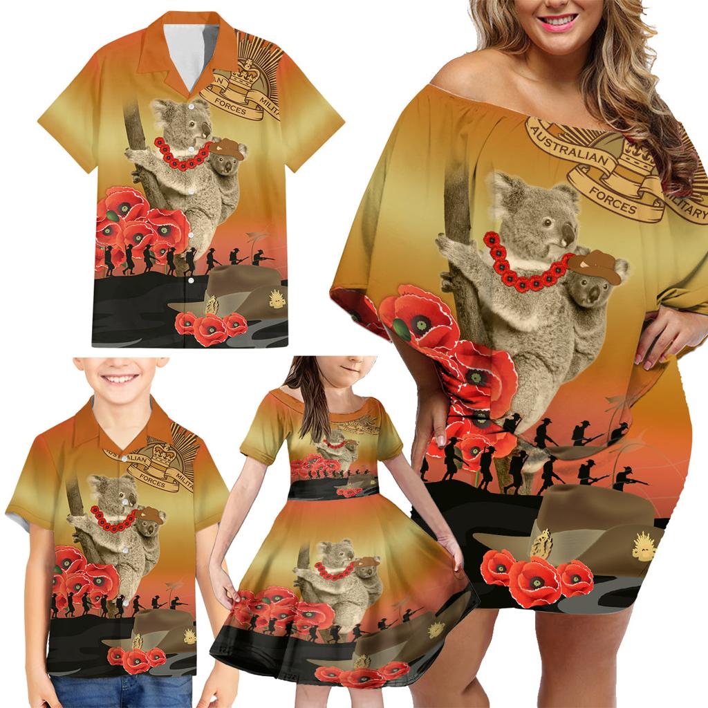 Australia Koala Soldier Style Family Matching Off Shoulder Short Dress and Hawaiian Shirt Last Post Lest We Forget