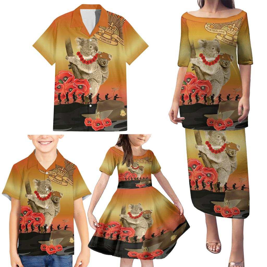 Australia Koala Soldier Style Family Matching Puletasi and Hawaiian Shirt Last Post Lest We Forget