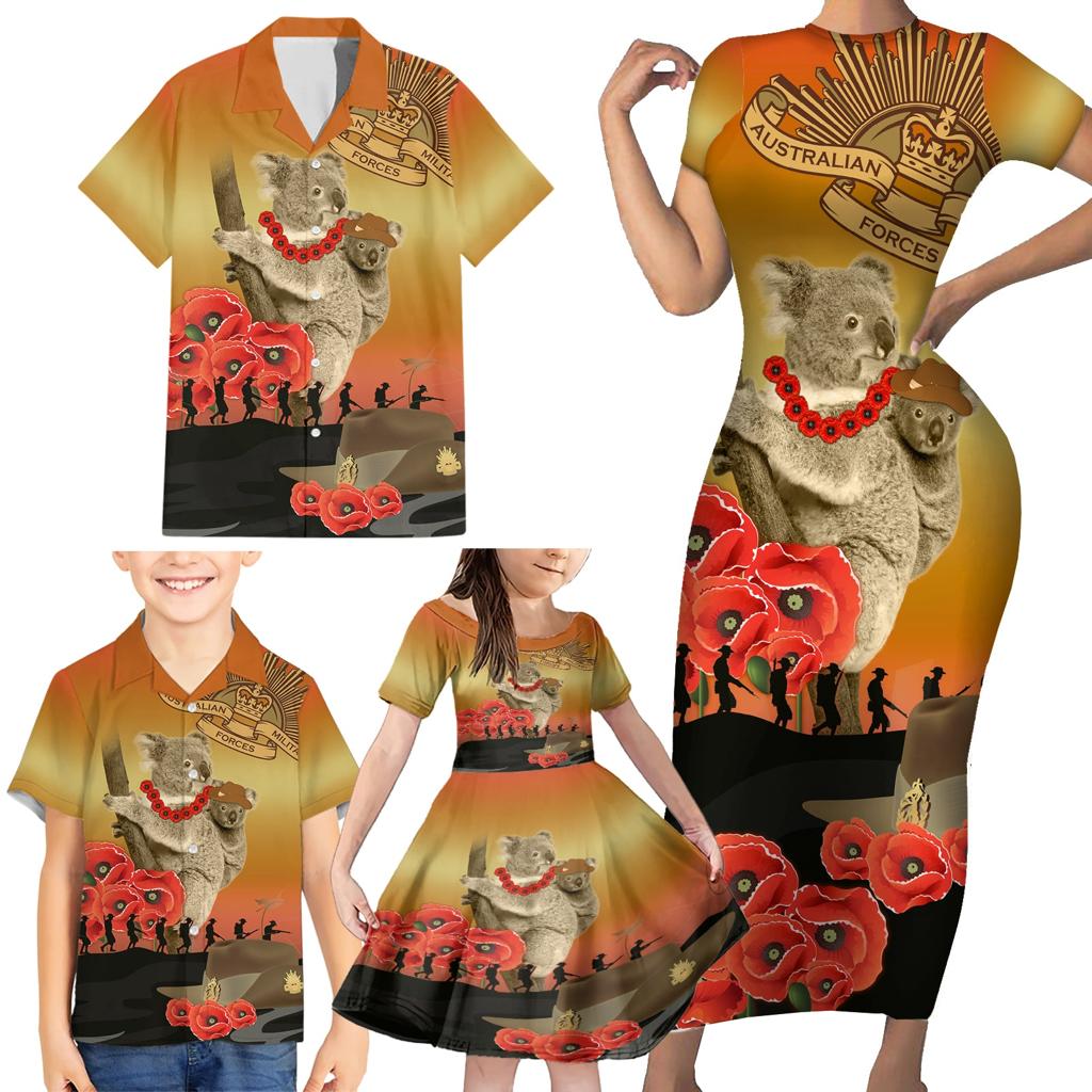 Australia Koala Soldier Style Family Matching Short Sleeve Bodycon Dress and Hawaiian Shirt Last Post Lest We Forget