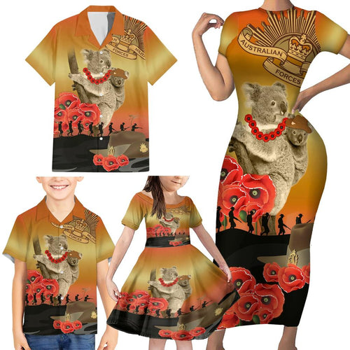 Australia Koala Soldier Style Family Matching Short Sleeve Bodycon Dress and Hawaiian Shirt Last Post Lest We Forget