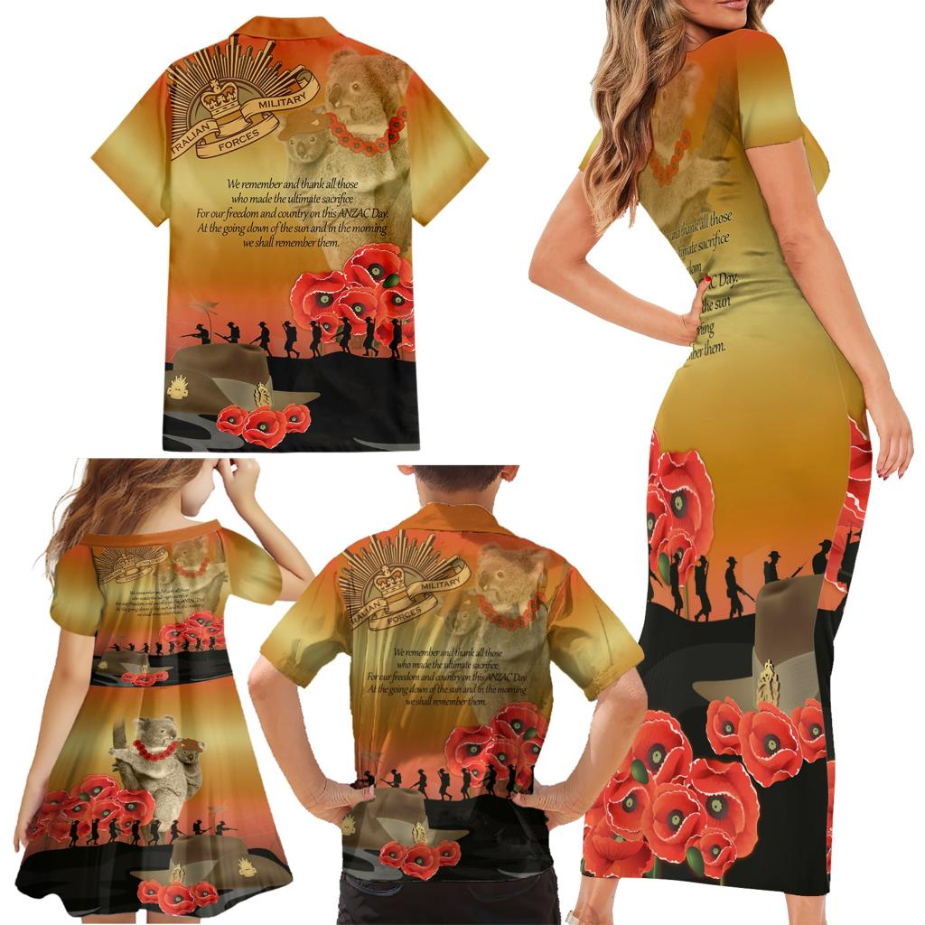Australia Koala Soldier Style Family Matching Short Sleeve Bodycon Dress and Hawaiian Shirt Last Post Lest We Forget