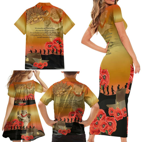 Australia Koala Soldier Style Family Matching Short Sleeve Bodycon Dress and Hawaiian Shirt Last Post Lest We Forget