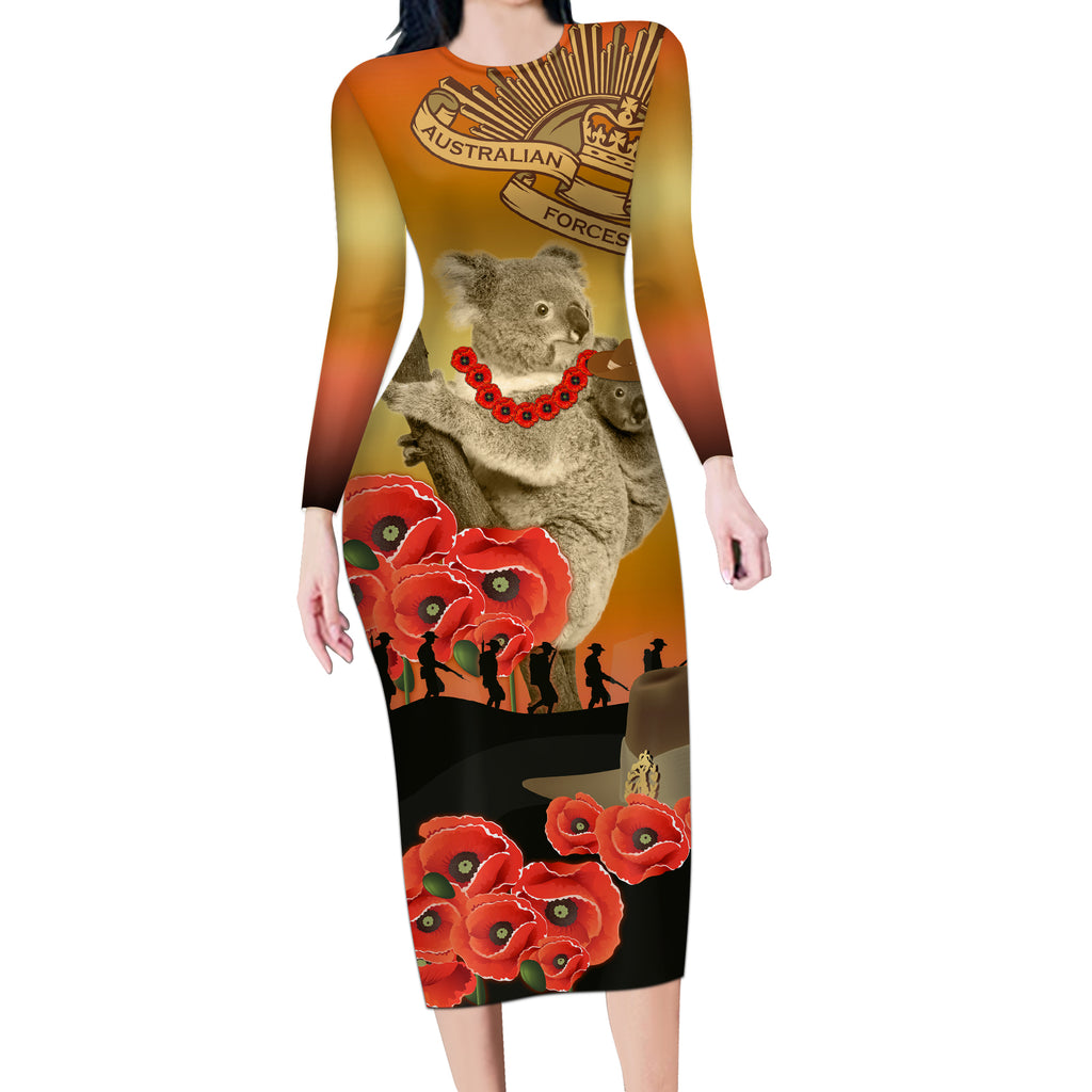 Australia Koala Soldier Style Long Sleeve Bodycon Dress Last Post Lest We Forget