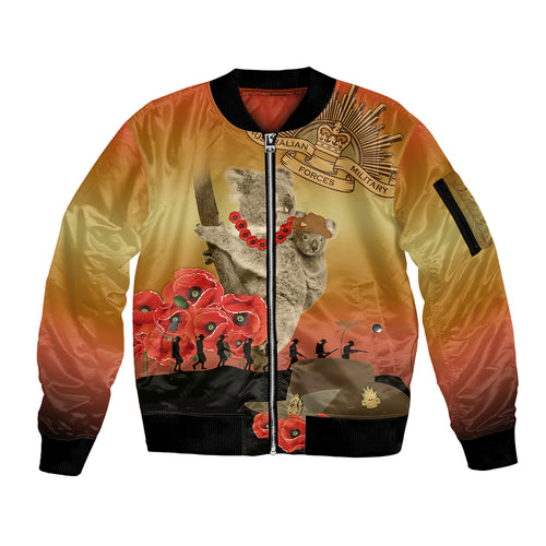 Australia Koala Soldier Style Sleeve Zip Bomber Jacket Last Post Lest We Forget