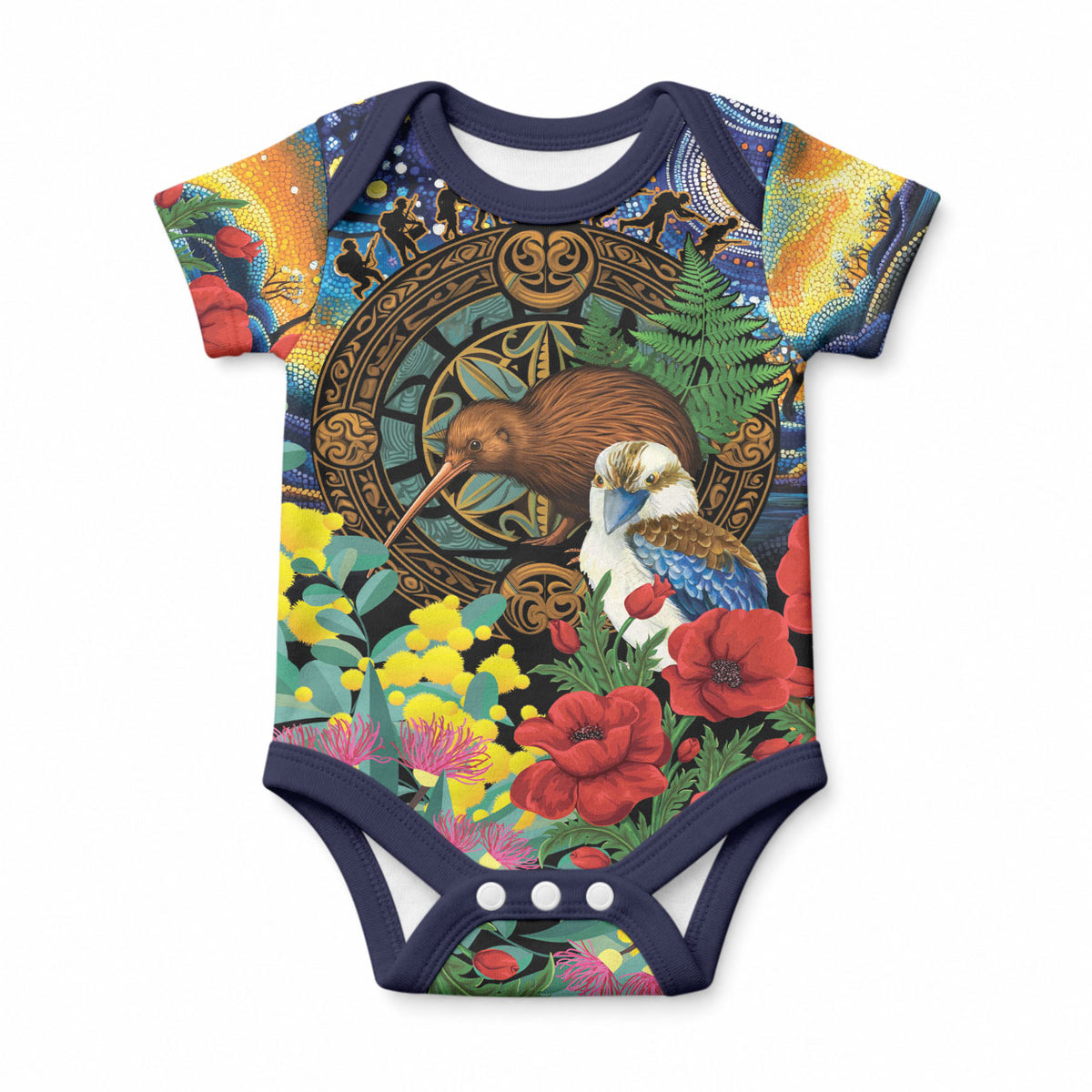 Kiwi-Kookaburra Bird ANZAC Personalised Baby Onesie Aussie Golden Wattle Poppy Flowers