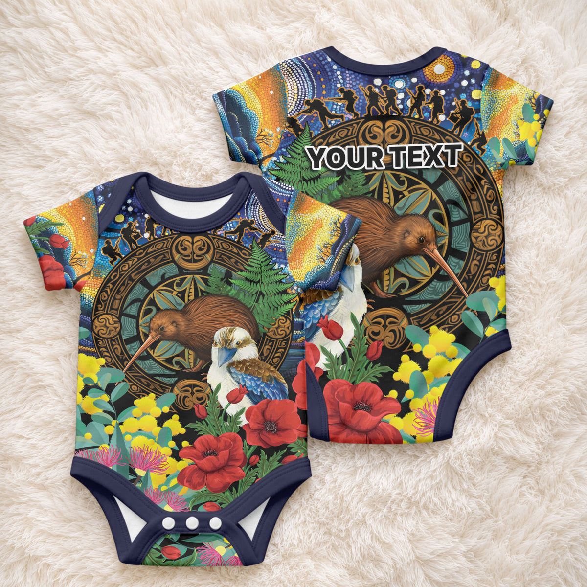 Kiwi-Kookaburra Bird ANZAC Personalised Baby Onesie Aussie Golden Wattle Poppy Flowers
