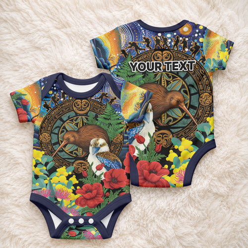 Kiwi-Kookaburra Bird ANZAC Personalised Baby Onesie Aussie Golden Wattle Poppy Flowers