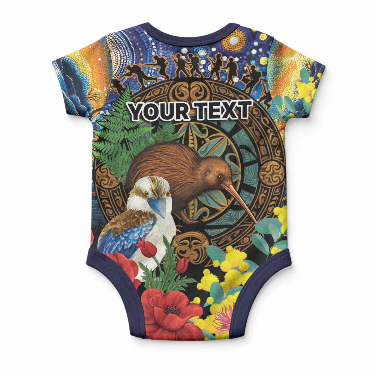 Kiwi-Kookaburra Bird ANZAC Personalised Baby Onesie Aussie Golden Wattle Poppy Flowers