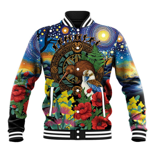 Kiwi-Kookaburra Bird ANZAC Personalised Baseball Jacket Aussie Golden Wattle Poppy Flowers