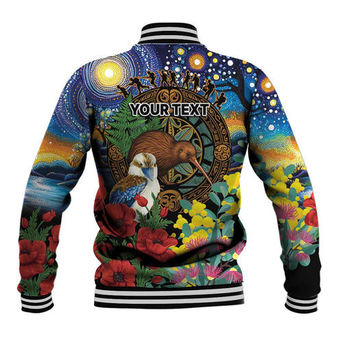 Kiwi-Kookaburra Bird ANZAC Personalised Baseball Jacket Aussie Golden Wattle Poppy Flowers