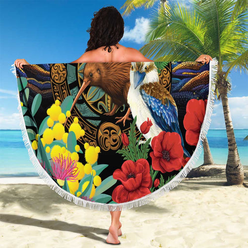 Kiwi-Kookaburra Bird ANZAC Personalised Beach Blanket Aussie Golden Wattle Poppy Flowers