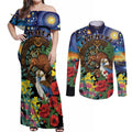 Kiwi-Kookaburra Bird ANZAC Personalised Couples Matching Off Shoulder Maxi Dress and Long Sleeve Button Shirt Aussie Golden Wattle Poppy Flowers