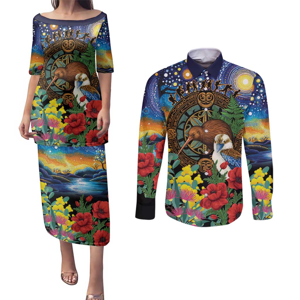 Kiwi-Kookaburra Bird ANZAC Personalised Couples Matching Puletasi and Long Sleeve Button Shirt Aussie Golden Wattle Poppy Flowers