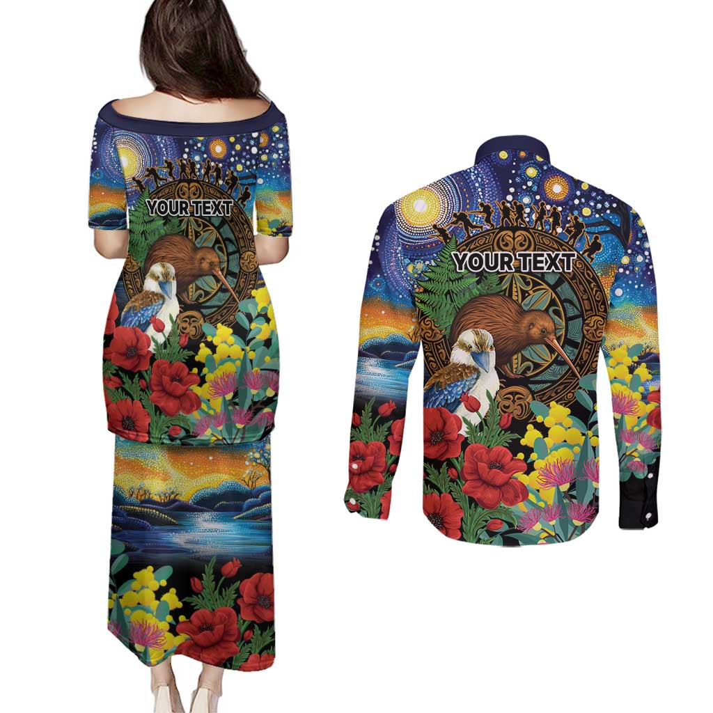 Kiwi-Kookaburra Bird ANZAC Personalised Couples Matching Puletasi and Long Sleeve Button Shirt Aussie Golden Wattle Poppy Flowers