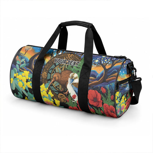 Kiwi-Kookaburra Bird ANZAC Personalised Duffle Bag Aussie Golden Wattle Poppy Flowers
