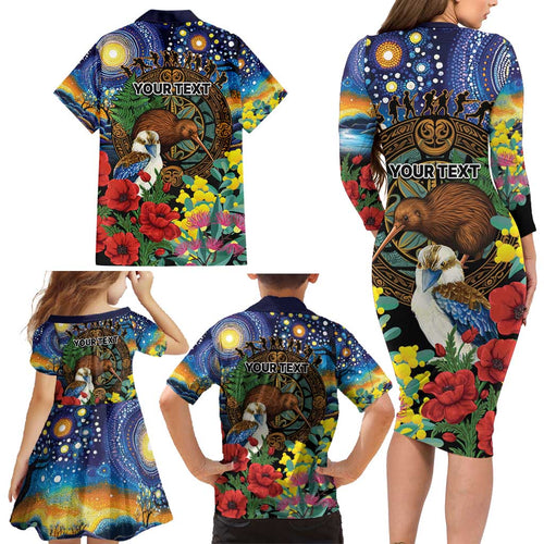 Kiwi-Kookaburra Bird ANZAC Personalised Family Matching Long Sleeve Bodycon Dress and Hawaiian Shirt Aussie Golden Wattle Poppy Flowers