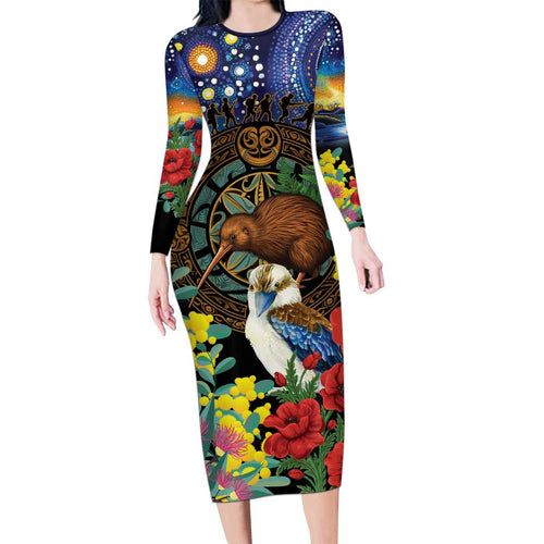 Kiwi-Kookaburra Bird ANZAC Personalised Family Matching Long Sleeve Bodycon Dress and Hawaiian Shirt Aussie Golden Wattle Poppy Flowers