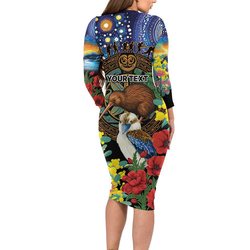 Kiwi-Kookaburra Bird ANZAC Personalised Family Matching Long Sleeve Bodycon Dress and Hawaiian Shirt Aussie Golden Wattle Poppy Flowers