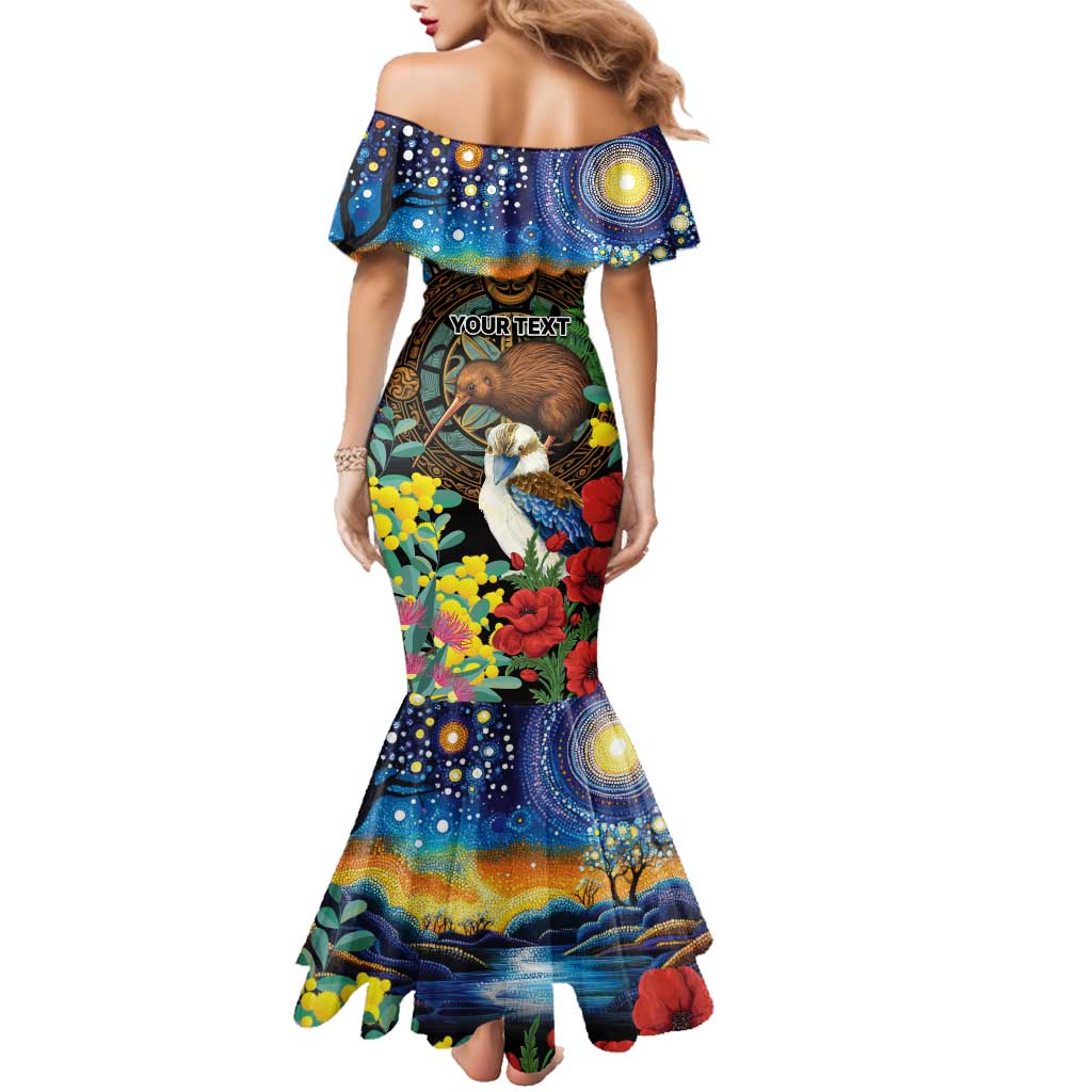 Kiwi-Kookaburra Bird ANZAC Personalised Family Matching Mermaid Dress and Hawaiian Shirt Aussie Golden Wattle Poppy Flowers
