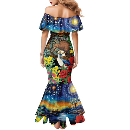 Kiwi-Kookaburra Bird ANZAC Personalised Family Matching Mermaid Dress and Hawaiian Shirt Aussie Golden Wattle Poppy Flowers