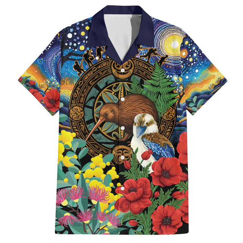 Kiwi-Kookaburra Bird ANZAC Personalised Family Matching Off The Shoulder Long Sleeve Dress and Hawaiian Shirt Aussie Golden Wattle Poppy Flowers