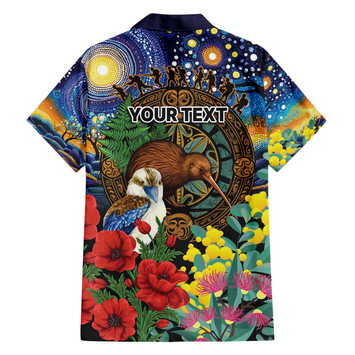 Kiwi-Kookaburra Bird ANZAC Personalised Family Matching Off The Shoulder Long Sleeve Dress and Hawaiian Shirt Aussie Golden Wattle Poppy Flowers